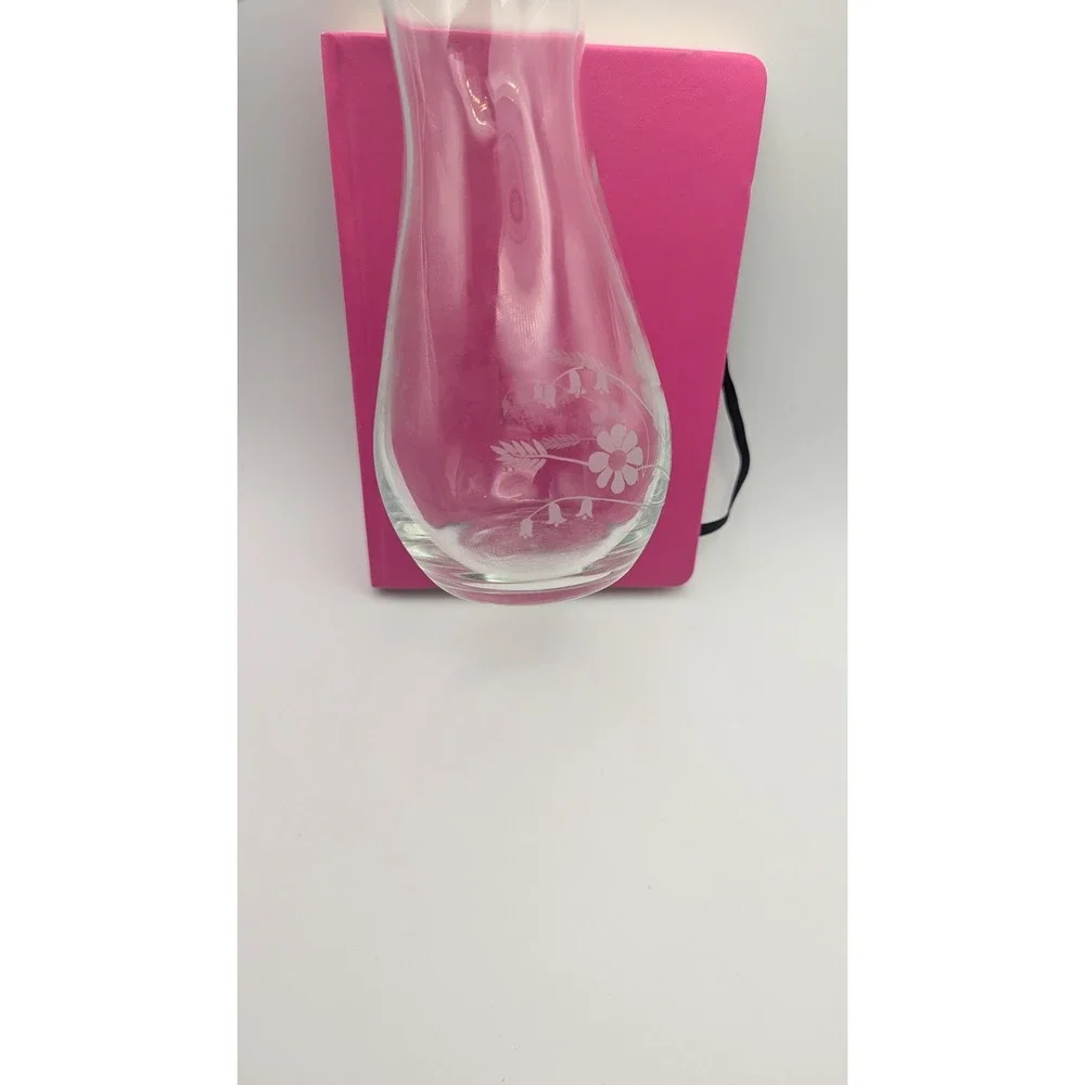 Vintage Etched Clear Glass Bud Vase Daisy‎ Floral Design Hourglass Shape 8